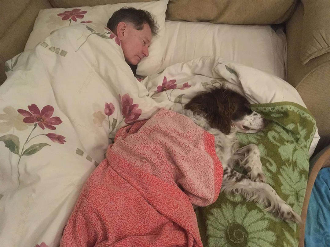 Papá duerme con perro mayor